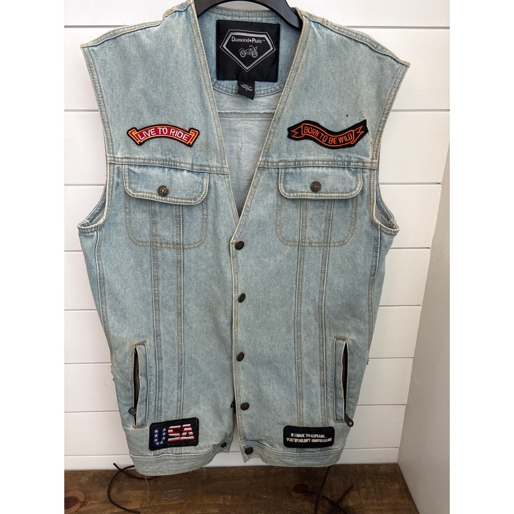 Vintage‎ y2k Diamond Plate Mens Denim Motorcycle Vest USA Eagle Patches